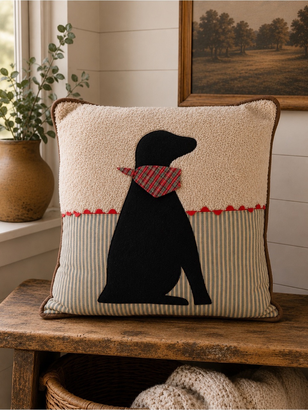 Vintage Black Lab Decorative Throw Pillow 20x20 Denim Rustic Farmhouse